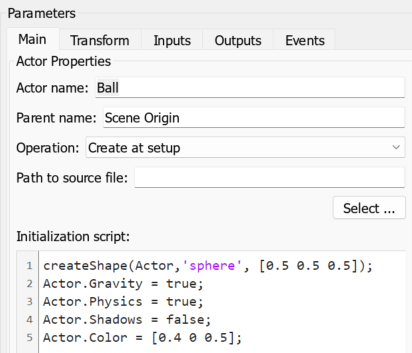 The block parameter dialog box of the Simulation 3D Actor block named ball shows parameters and the initialization script.