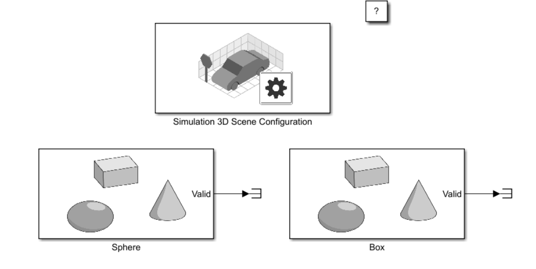 Simulink model with two Simulation 3D Actor blocks named sphere and box and a Simulation 3D Scene Configuration block.