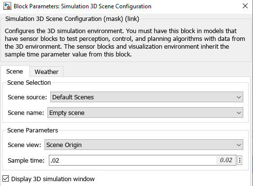 Block parameter dialog box of Simulation 3D Scene Configuration block.