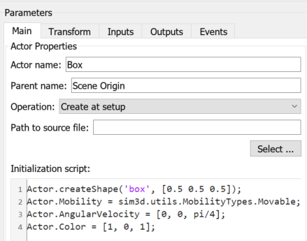 The block parameter dialog box of the Simulation 3D Actor block named box shows parameters and initialization script