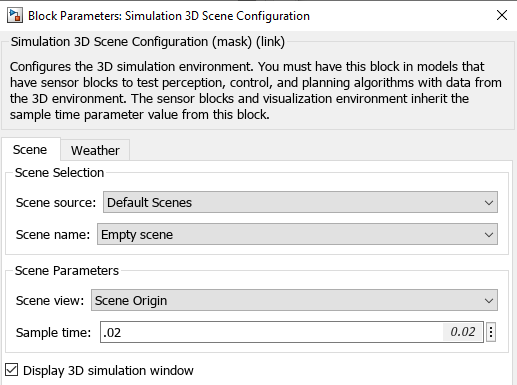 Block parameter dialog box of Simulation 3D Scene Configuration block