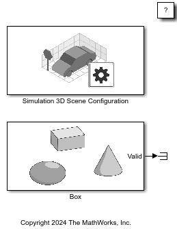 Simulink model with simulation 3D scene configuration block and simulation 3D Actor block named box.