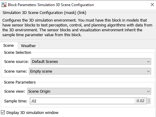 Block parameter dialog box of Simulation 3D Scene Configuration block