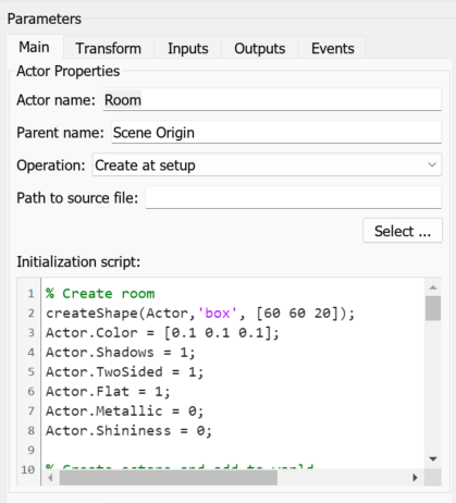 Block parameter dialog box with parameters, actor name and initialization script.