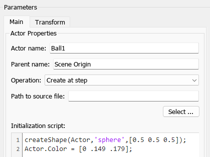 The block parameter dialog box of the Simulation 3D Actor block named ball1 shows parameters and the initialization script