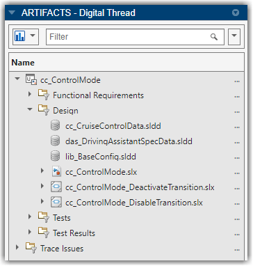 Artifacts panel showing functional requirements, design artifacts, tests, and test results for cc_ControlMode