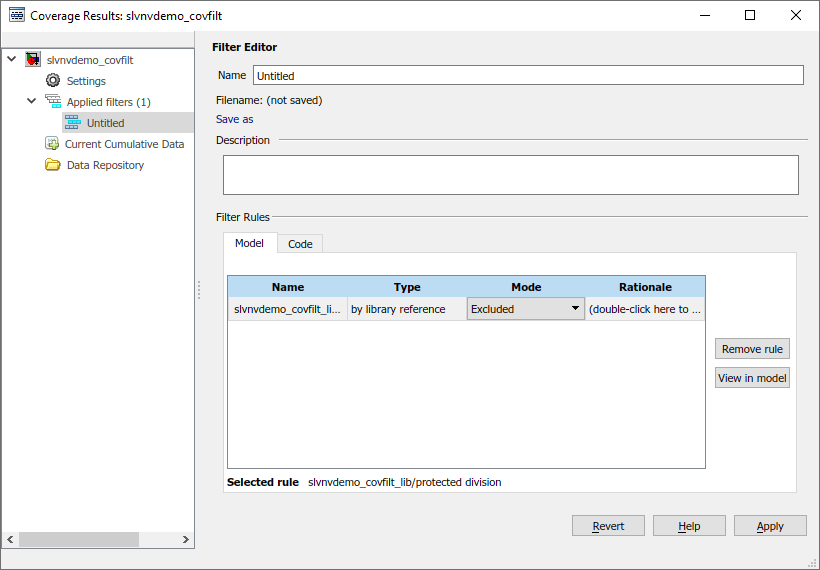 Filter Editor pane with one exclusion rule populated in the Filter Rules table