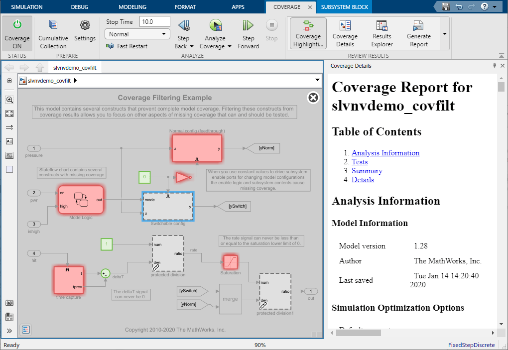 Simulink window showing the highlighted model and coverage results. The Switchable config subsystem is excluded.