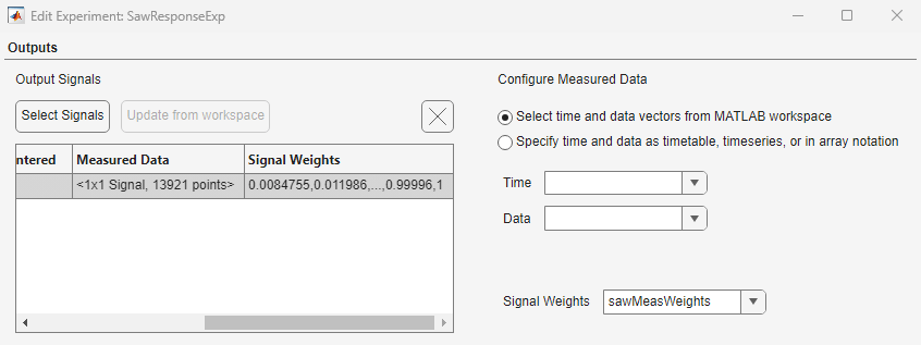 Edit Experiment dialog box for SawResponseExp showing the signal weights in the Outputs section