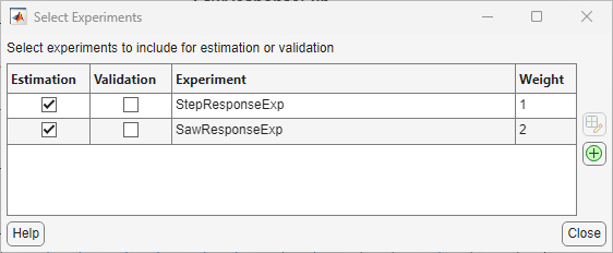Select Experiment dialog box showing the experiment weights