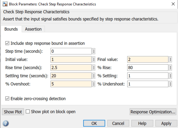 Check Step Response Characteristics dialog box with the entered values