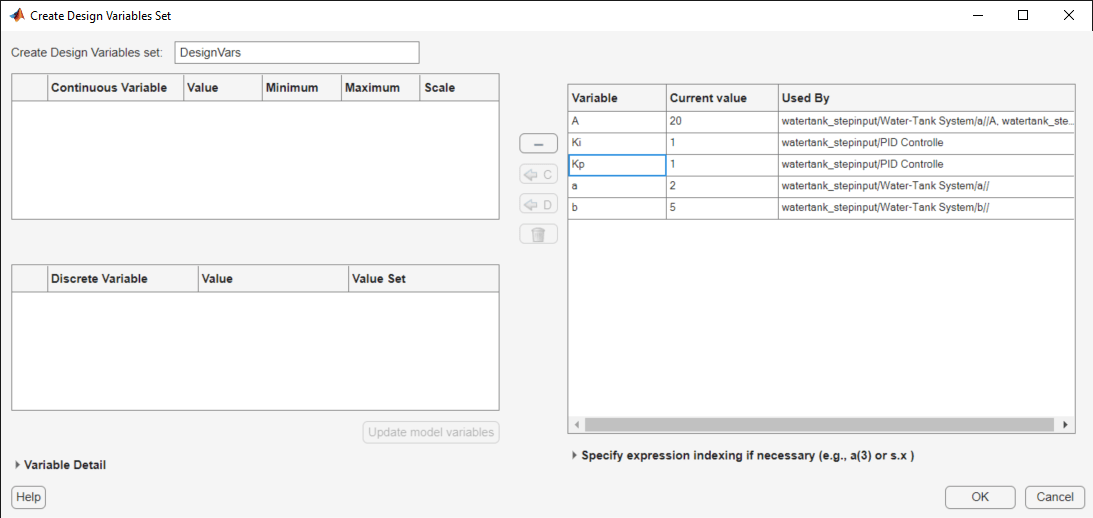 Create Design Variables Set dialog box