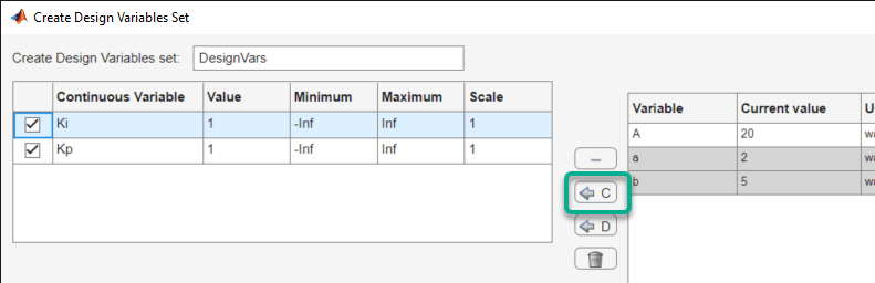 Create Design Variables Set dialog box showing the added parameters Ki and Kp in a table along with their settings