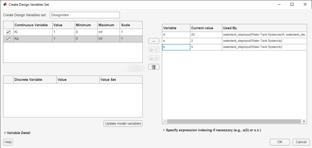 Create Design Variables set dialog box showing minimum value of 0 in the table for all added parameters