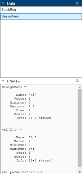 DesignVars is selected in the Data area of the app and its preview is shown in the Preview area