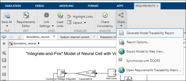 The Requirements tab in the Simulink toolstrip. The Share options are expanded and the mouse is on the Generate Model Traceability Report option.