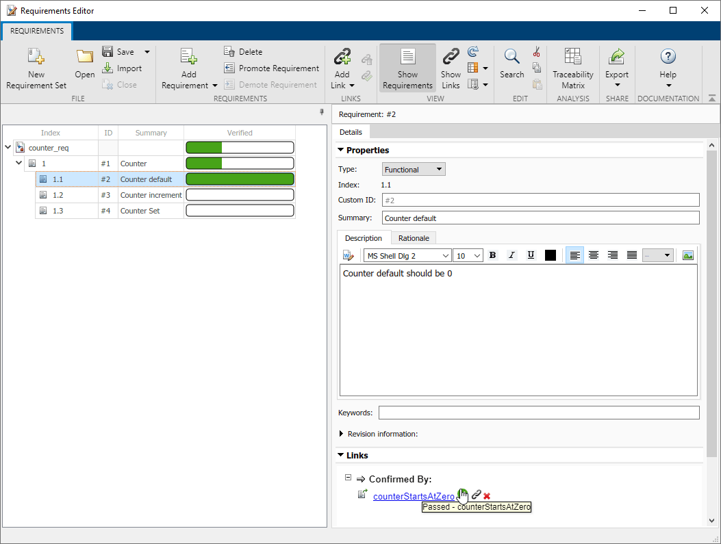 The Requirements editor with the counter_req requirement set. The top-level requirement is expanded and requirement 1.1 is selected.