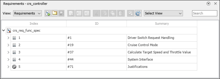 The Requirements Browser shows the crs_req_func_spec requirement set, which has 4 top-level requirements and one top-level justification.