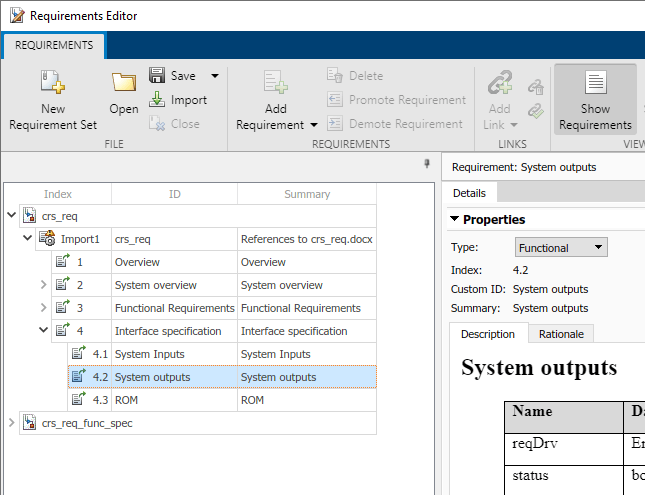 The Requirements Editor shows two requirements