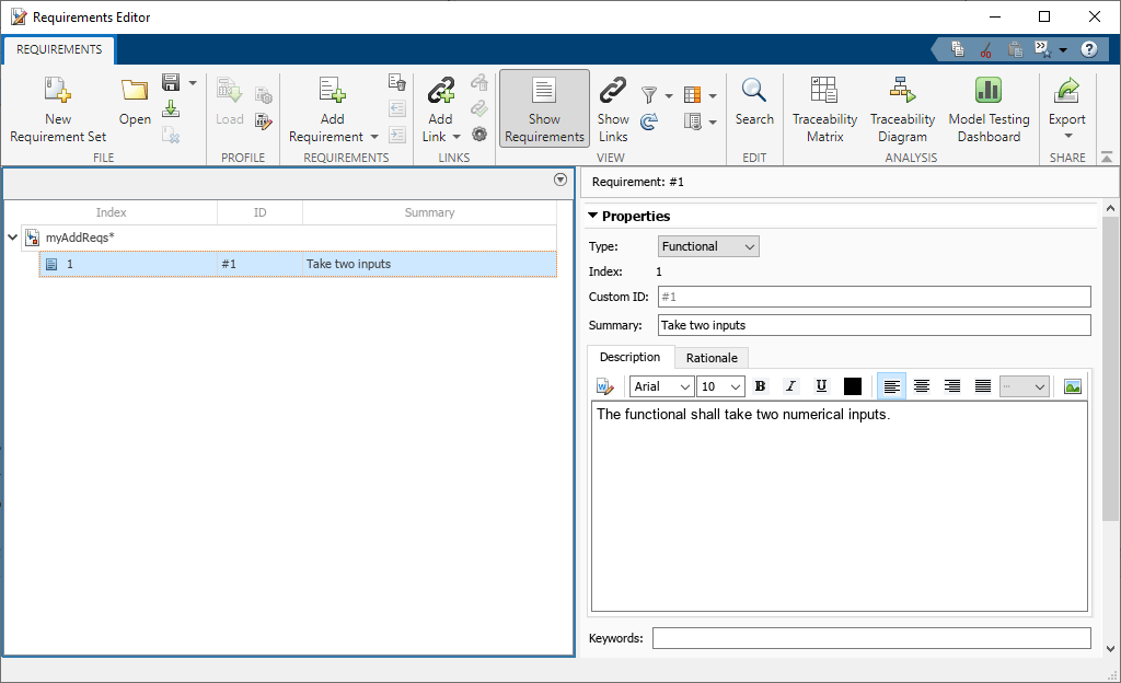 Requirement 1 in the myAddReqs requirement set is selected in the Requirements Editor and its Summary and Description properties are shown.