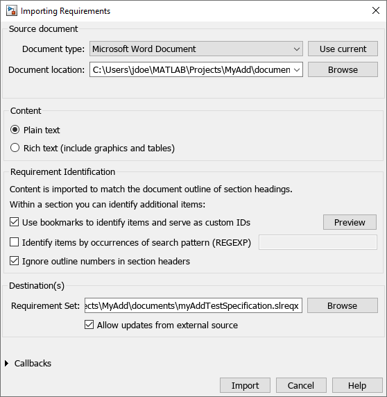 Importing Requirements dialog with Document type set to Microsoft Word and these settings selected: Plain text, Use bookmarks to identify items and serve as custom IDs, Ignore outline numbers in section, Allow update from external source.
