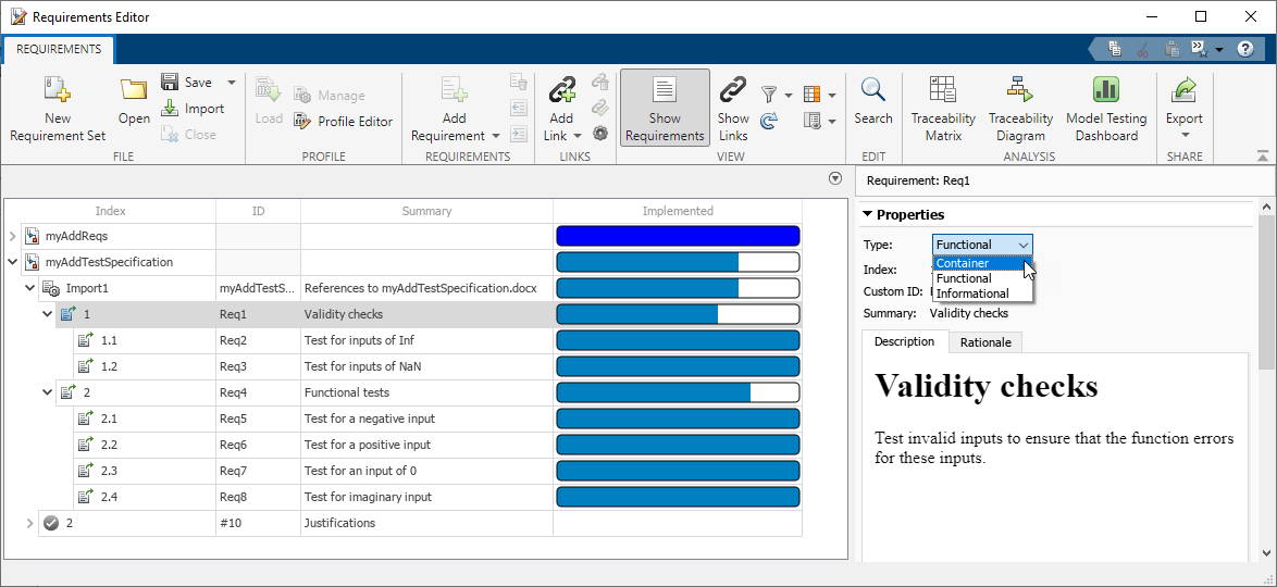 In the Requirements Editor, requirement 1 in myAddTestSpecification is selected. In the right pane, under Properties, the Container menu item is selected in the Type menu.