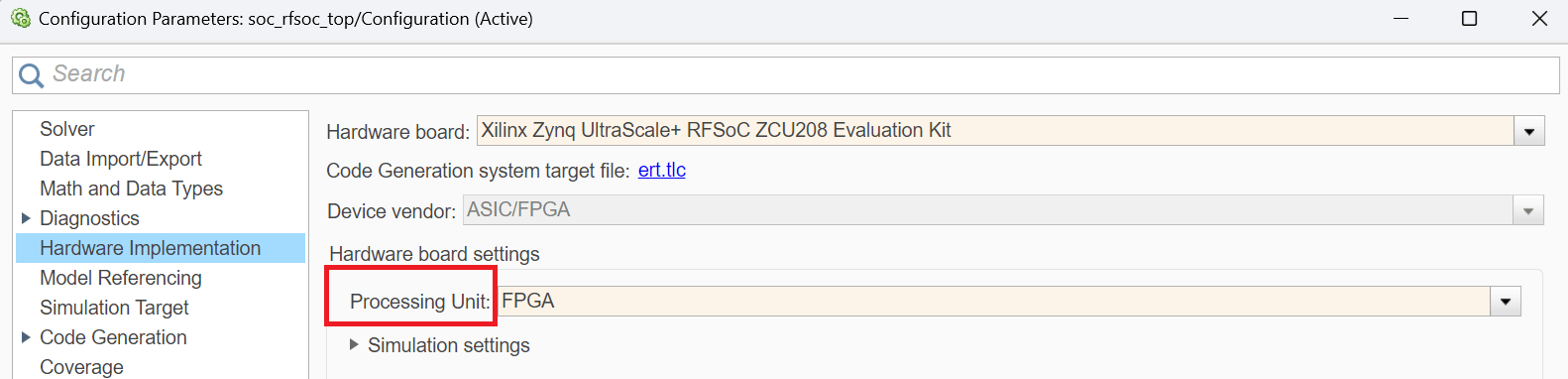 Configuration Parameters open on the Hardware Implementation pane, and the processing unit parameter is set to FPGA.