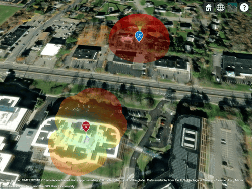 Transmitter and receiver patterns displayed over satellite imagery