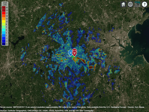 A SINR map displayed over satellite imagery
