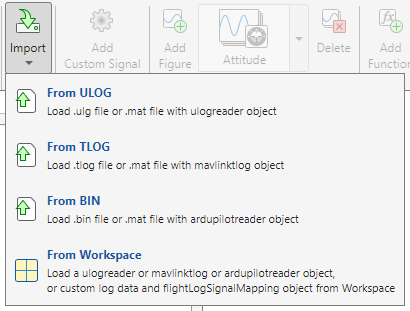 Import menu expanded showing options for From ULOG, From TLOG, From BIN, and From Workspace
