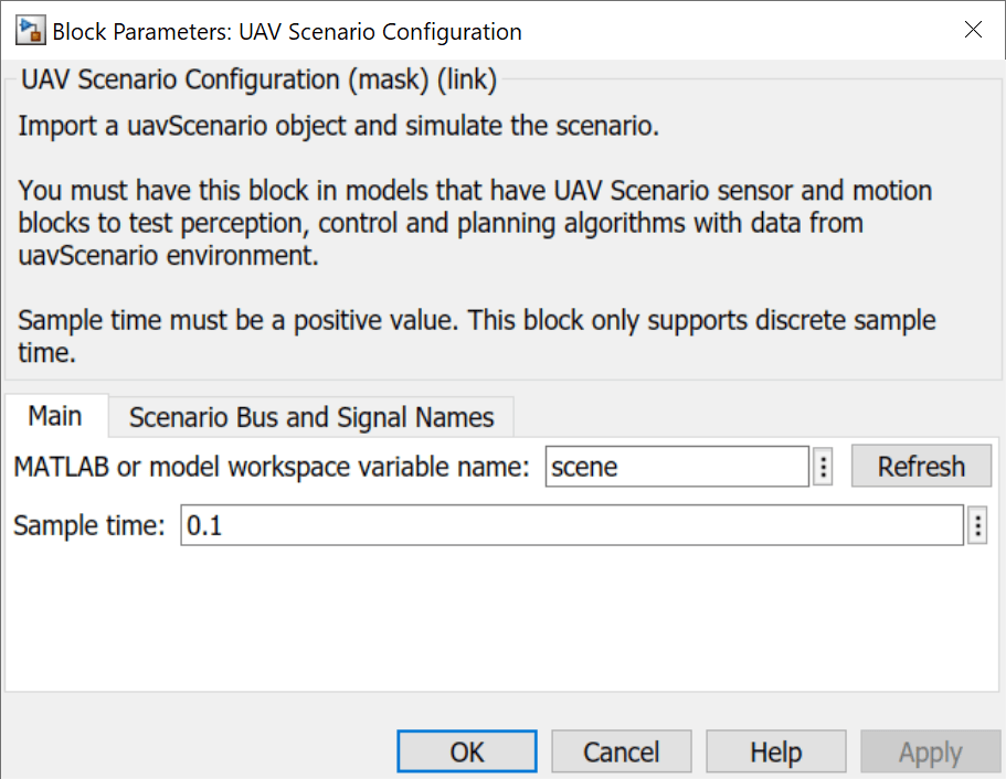 UAV Scenario Configuration block parameters dialog with workspace variable name set to scene and sample time 0.1