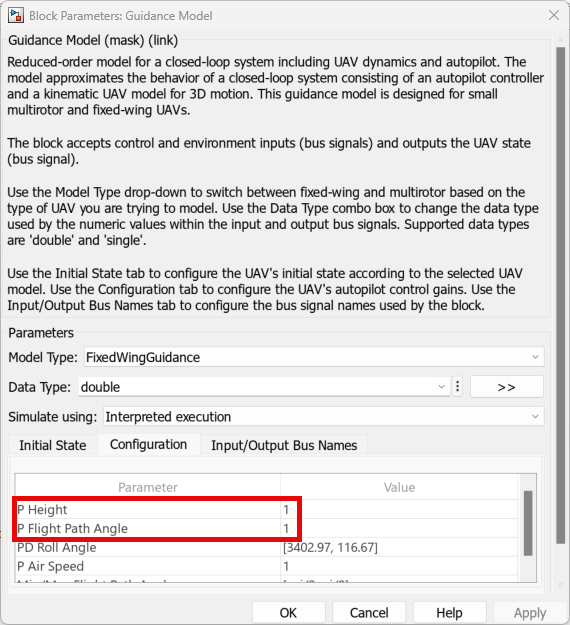Guidance Model block mask with the P Height and P Flight Path Angle parameters highlighted.