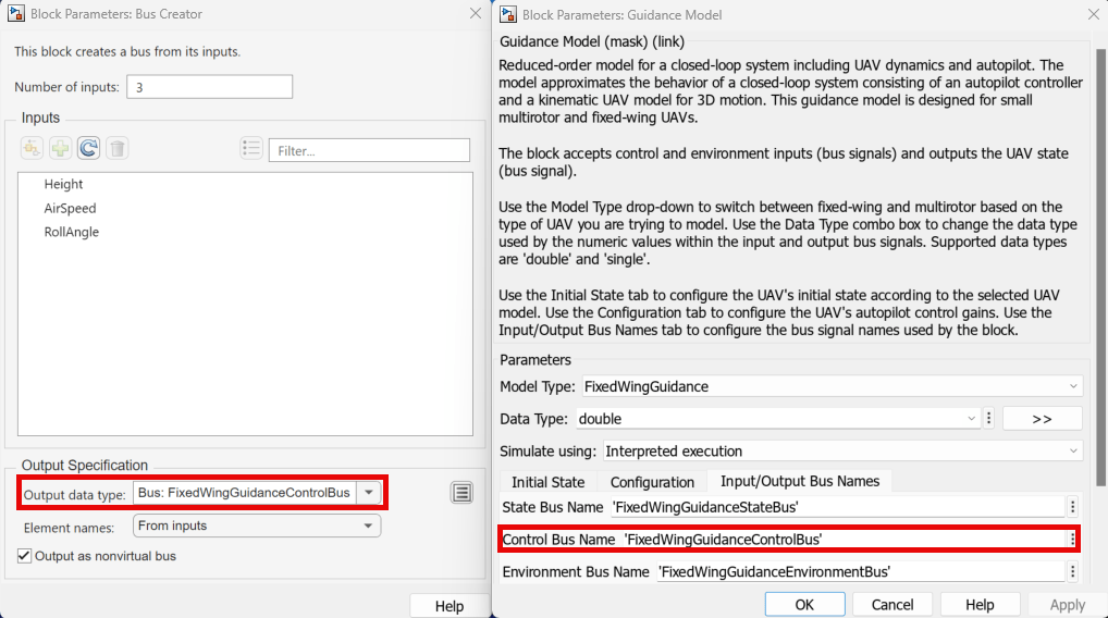 Bus Creator and Guidance Model block masks, with the Output data type and Control Bus Name parameters highlighted, respectively.