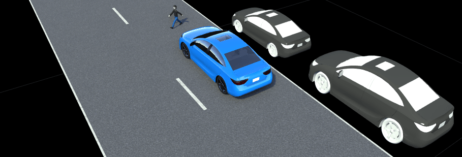 Vulnerable Road User Automatic Emergency Braking Crossing Car-to-Pedestrian Nearside Child Obstructed test scenario in RoadRunner.