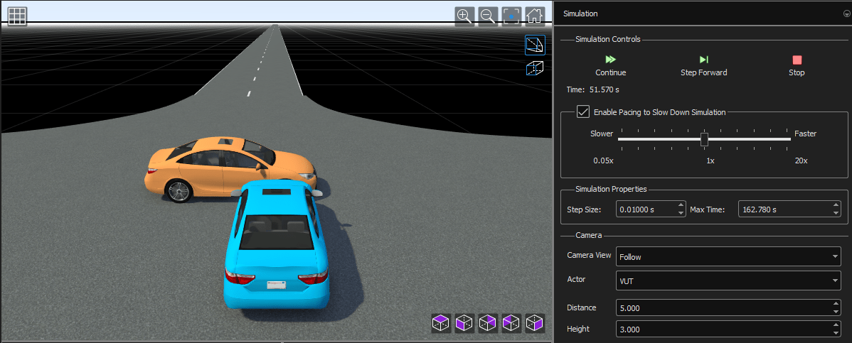 RoadRunner simulation instance showing collision between ego and target vehicle