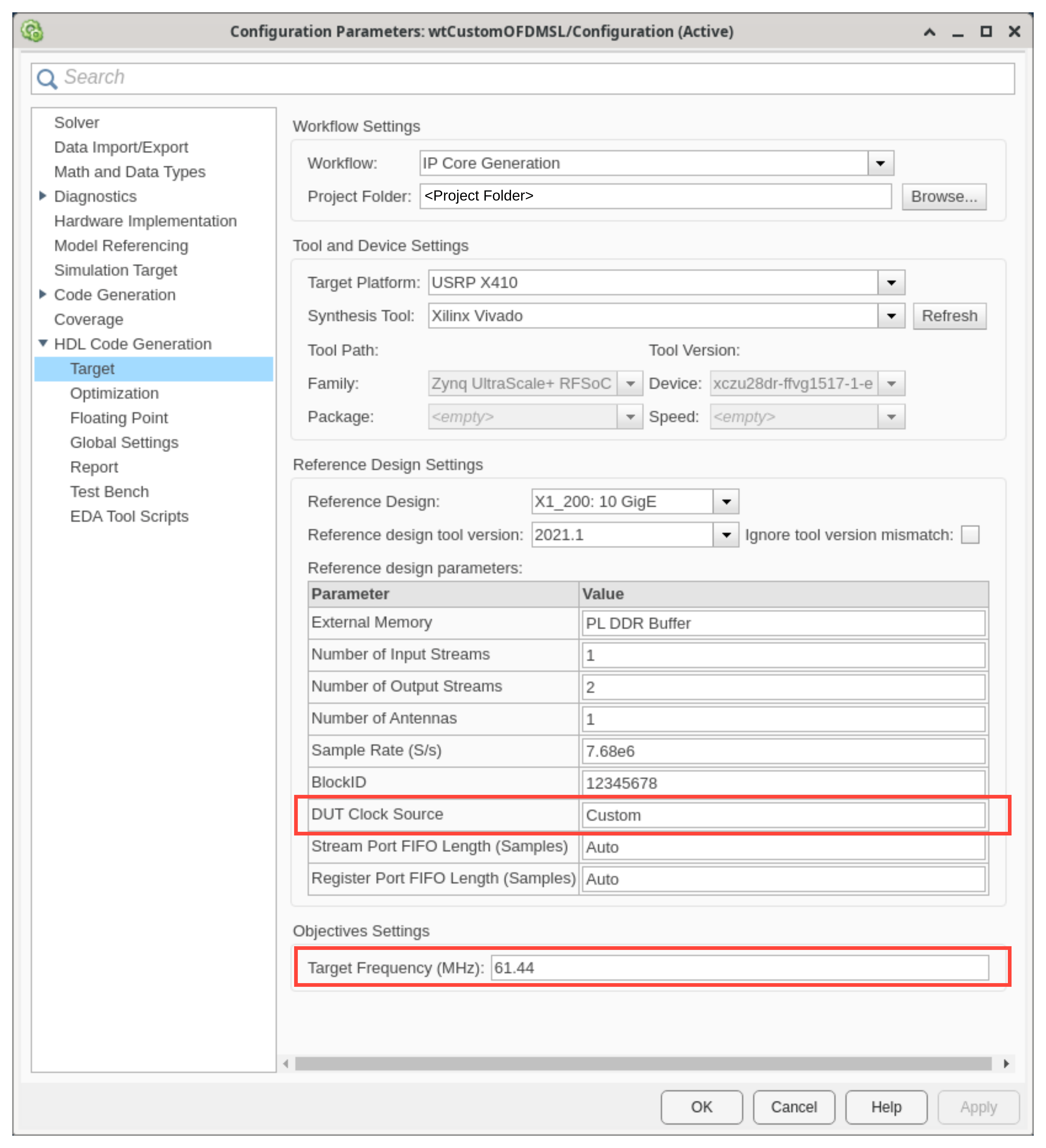 Target settings in configuration parameters window