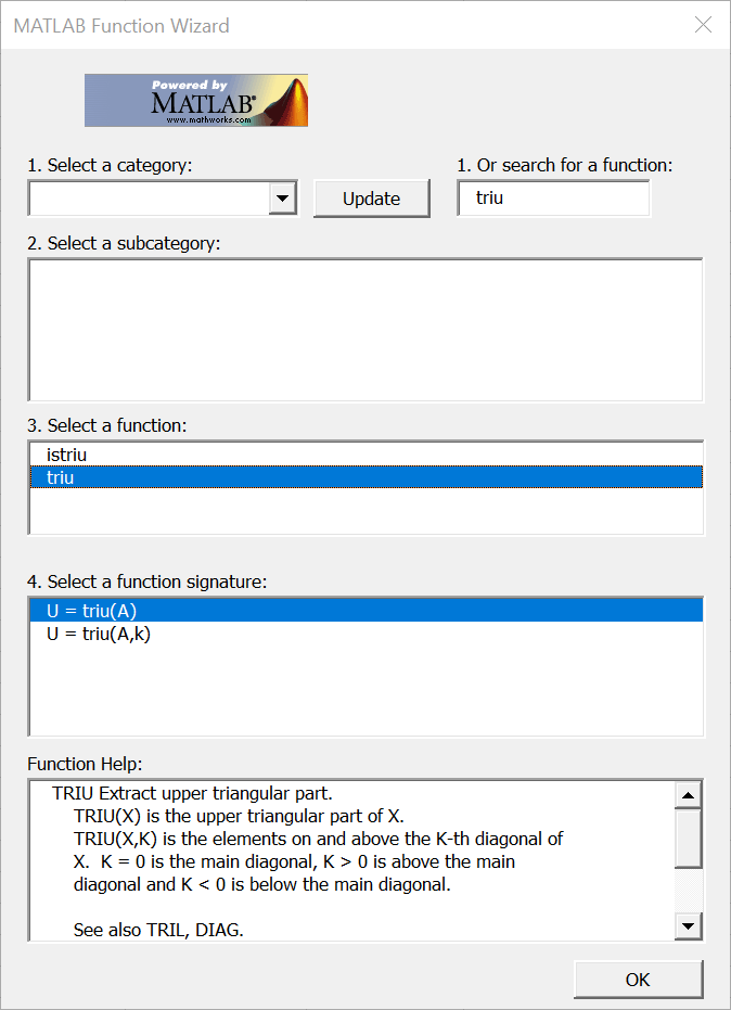 MATLAB Function Wizard contains the selected matlab\elmat category, triu function, triu(x) signature, and the triu function help.