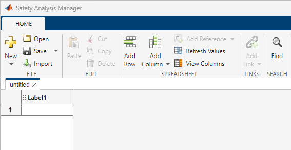 A new spreadsheet in the Safety Analysis Manager. The spreadsheet has one row and one column.