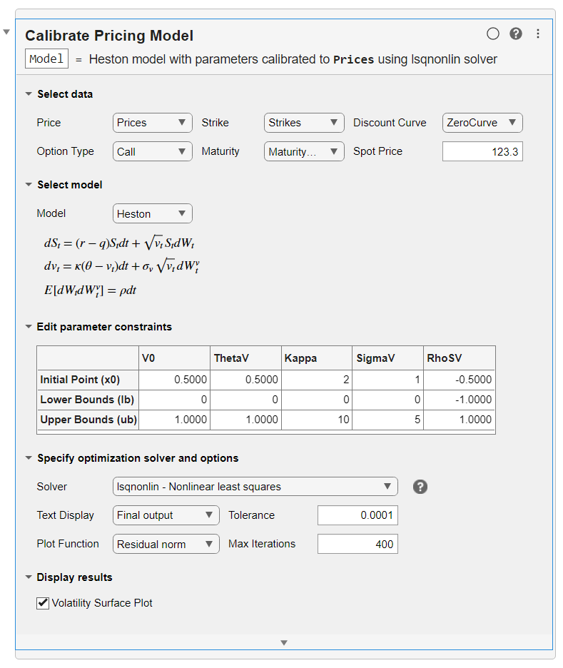 Set parameters and solver for model calibration using Calibrate Pricing Model live task