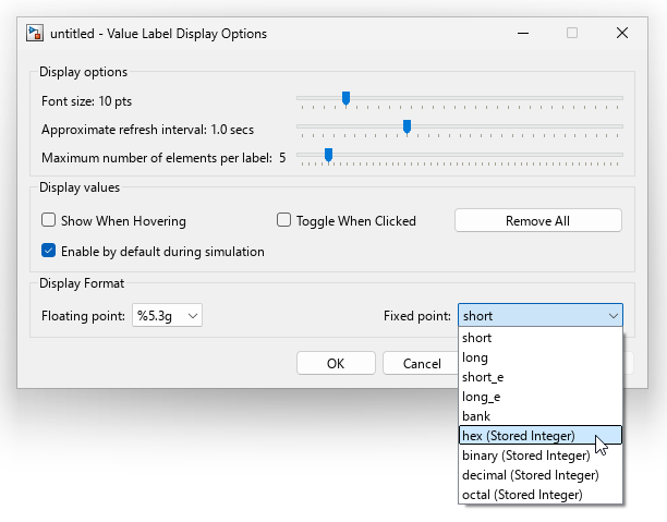 Value Label Display Options window with Fixed point drop down open
