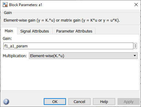 Block Parameters dialog for the a1 block. The block gain is set to f1_a1_param.