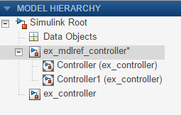 Model Hierarchy pane in the Fixed-Point Tool displaying the model hierarchy for ex_mdlref_controller with two instances of the referenced model ex_controller.