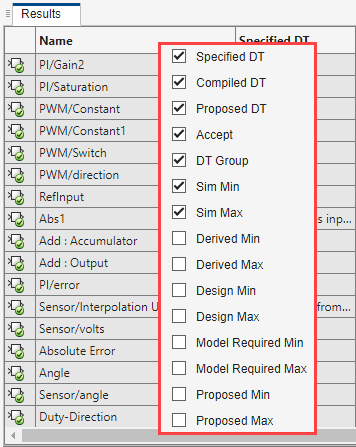 Menu listing columns that can be displayed in the spreadsheet. Items with the checkbox selected are displayed in the spreadsheet.