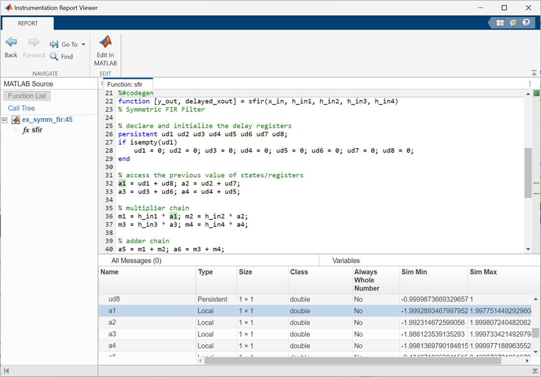 The Instrumentation Report Viewer as launched by double-clicking the variable a1. The window displays the MATLAB function sfir with instances of a1 highlighted as well as information about the variable like type, size and class.