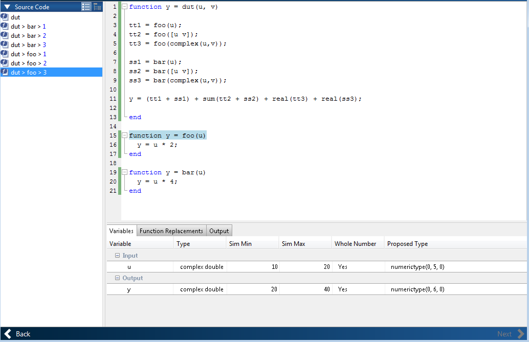 Fixed-Point Converter app with a function specialization selected in the left side column