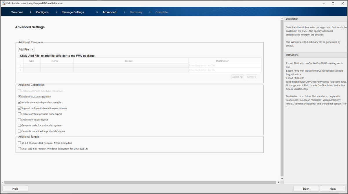 FMU Builder advanced settings page