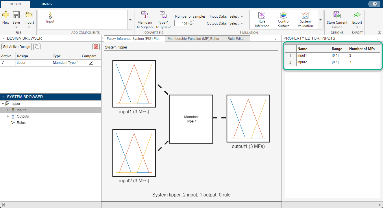 App with Inputs label selected in the System Browser on the left and the corresponding input variable properties listed in the Property Editor on the right