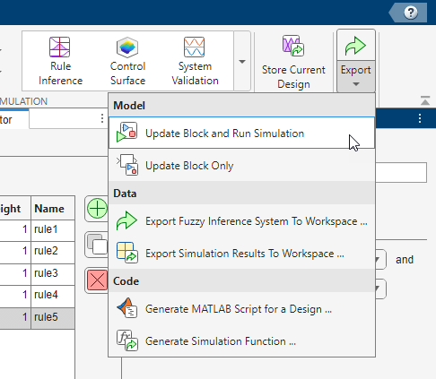 App toolstrip showing the Update Block and Run Simulation selection in the Export menu on the far right side of the toolstrip