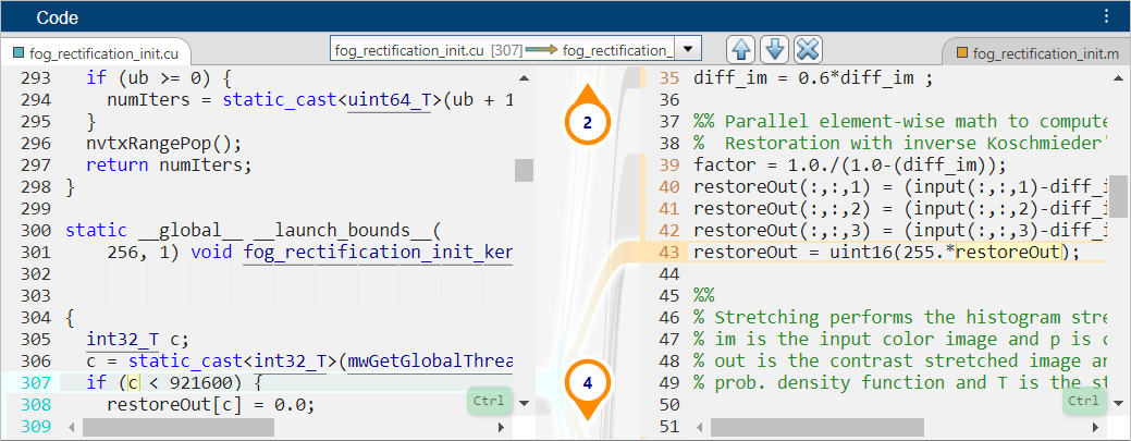 Code pane highlighting the trace from line 307 of the CUDA code to line 43 of the MATLAB code