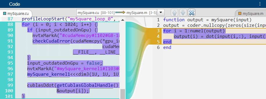 Code pane showing the loop in mysquare.cu traces to the loop in mysquare.m